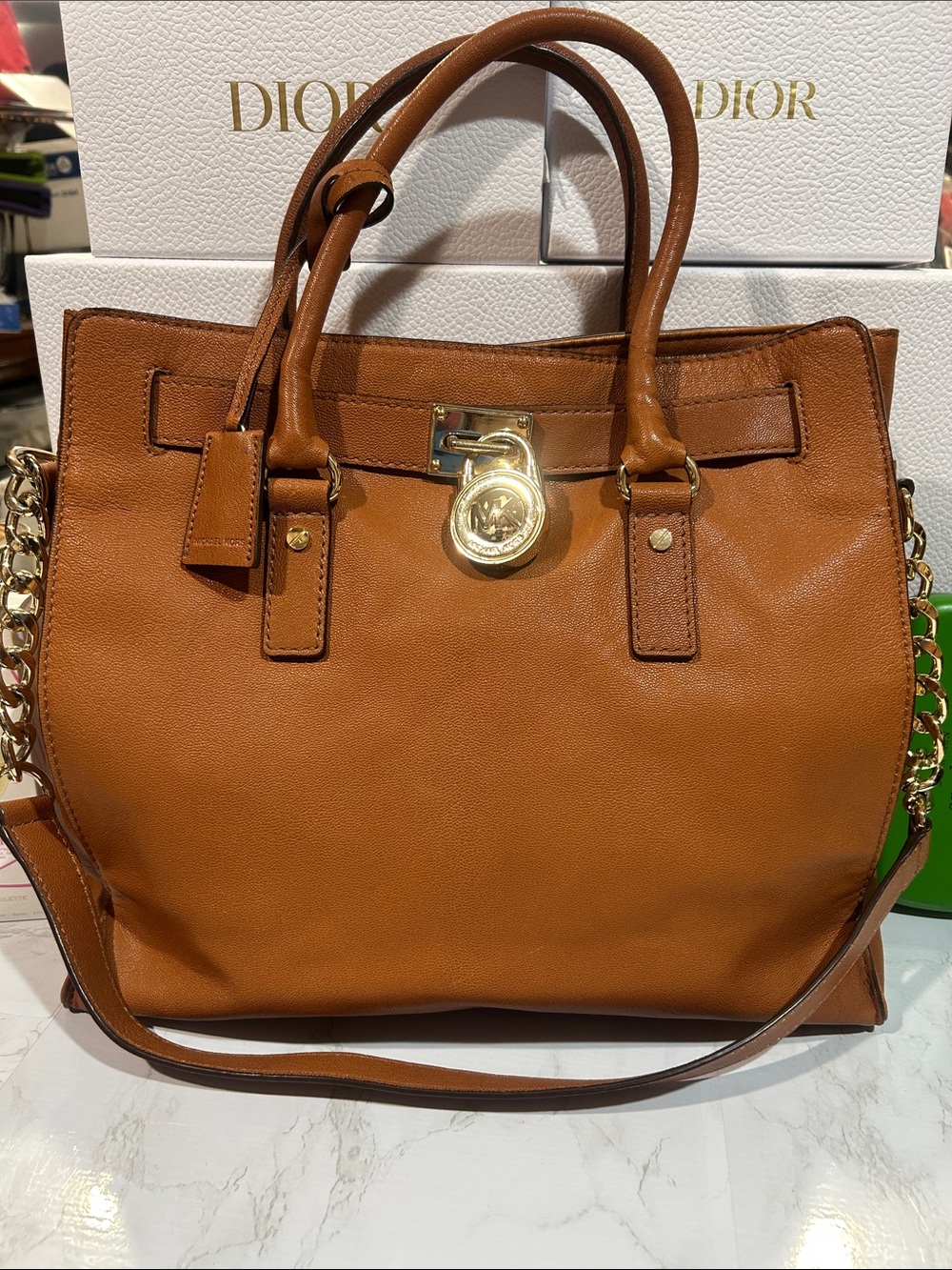 Michael Kors Emerson Cognac Leather Tote with Gold Accents